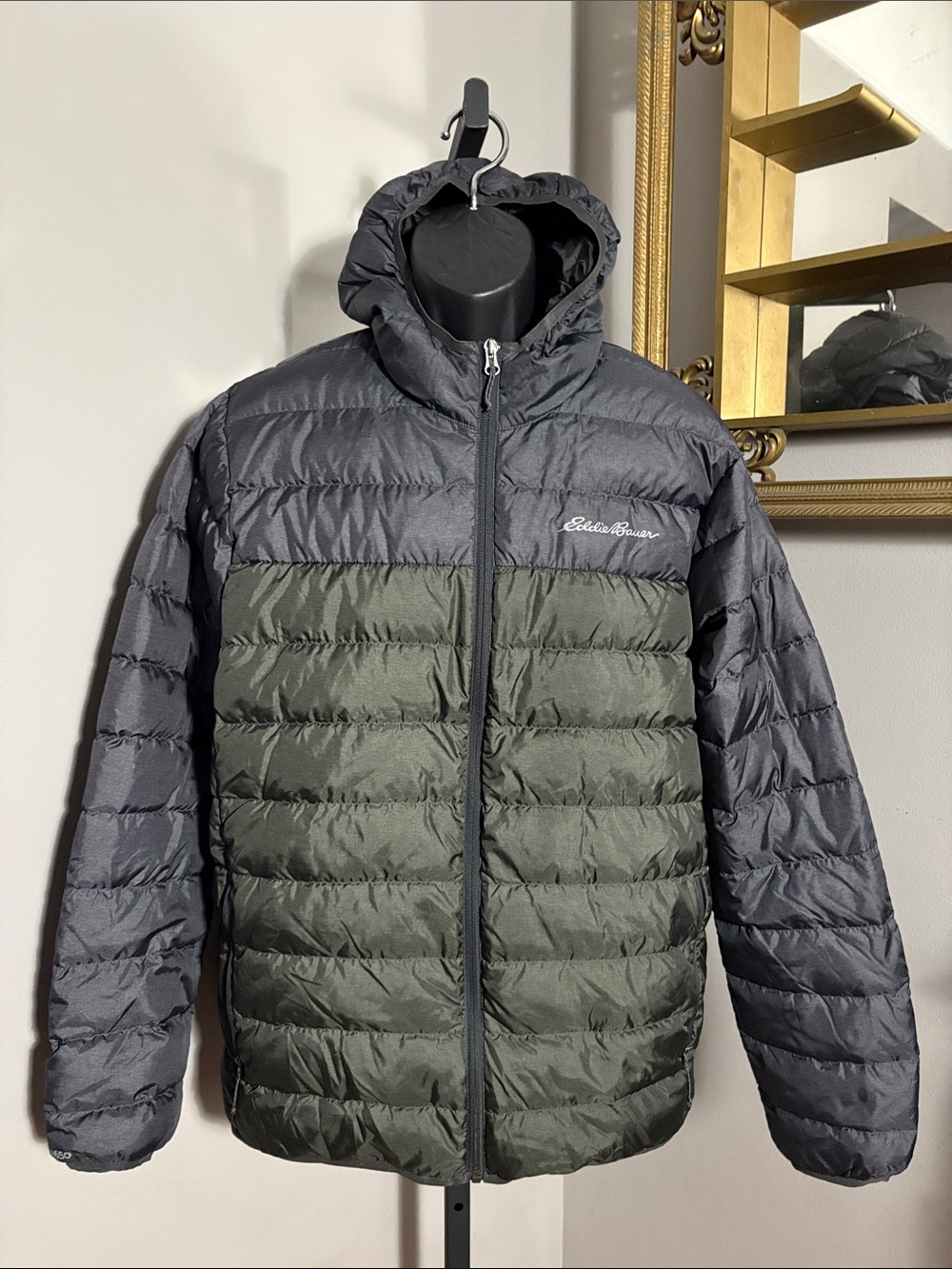 Eddie Bauer Men's Large CirrusLite Hooded Two Tone Puffer Down Jacket Coat